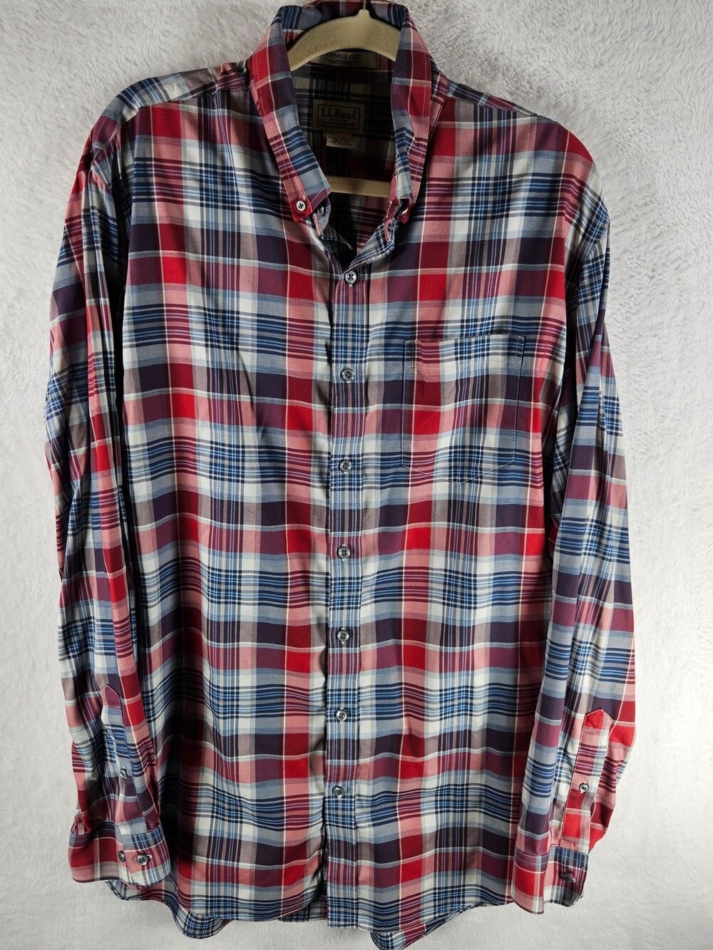 L.L. Bean Plaid Button-Down Shirt Red Blue Men's Size Large Tall